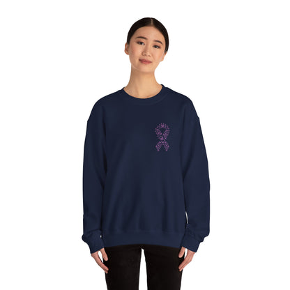 Woman wearing navy blue domestic violence awareness crewneck sweatshirt with purple heart ribbon, Makin’ It by Lady Ev.