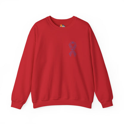 Red domestic violence awareness crewneck sweatshirt with purple heart ribbon design for support and awareness, Makin’ It by Lady Ev.