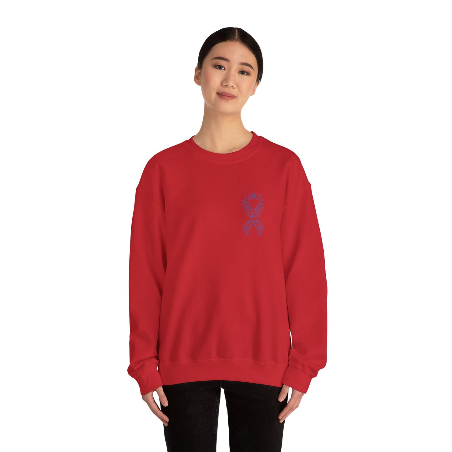 Woman wearing red domestic violence awareness crewneck sweatshirt with purple ribbon made of hearts, Makin’ It by Lady Ev.