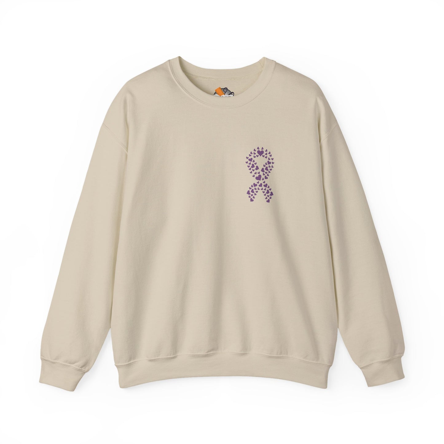 Sand-colored domestic violence awareness crewneck sweatshirt with purple heart ribbon graphic, Makin’ It by Lady Ev.