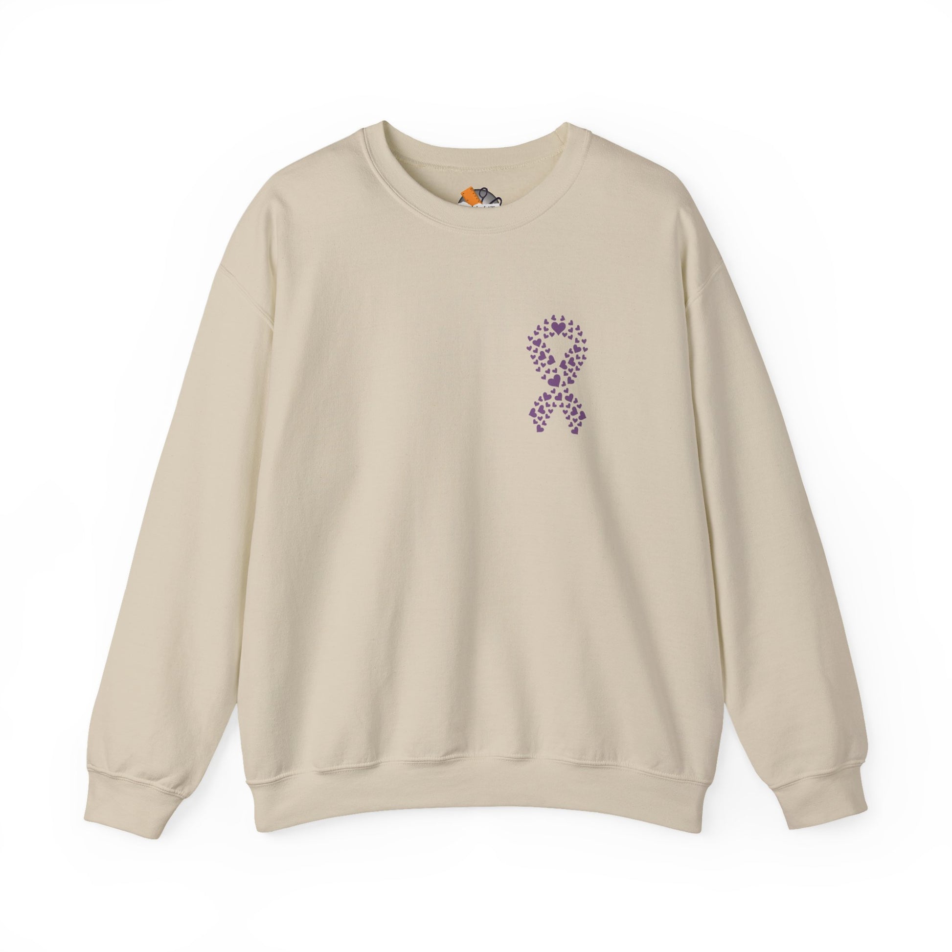 Sand-colored domestic violence awareness crewneck sweatshirt with purple heart ribbon graphic, Makin’ It by Lady Ev.