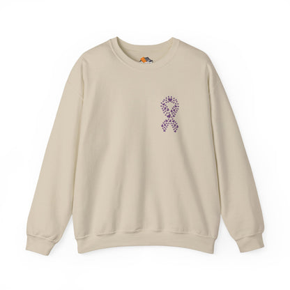 Sand-colored domestic violence awareness crewneck sweatshirt with purple heart ribbon graphic, Makin’ It by Lady Ev.