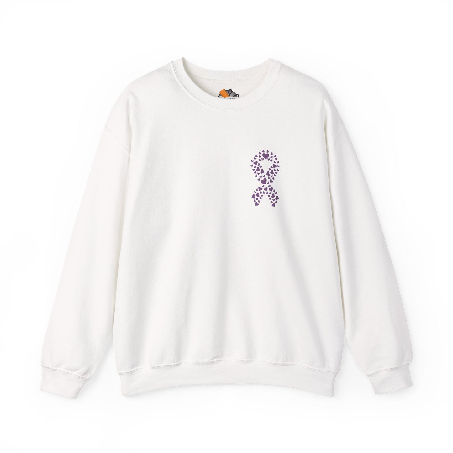 White domestic violence awareness crewneck sweatshirt with purple heart ribbon design, Makin’ It by Lady Ev.
