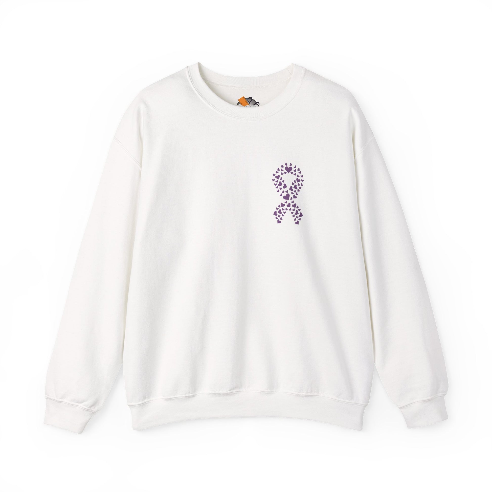 White domestic violence awareness crewneck sweatshirt with purple heart ribbon design, Makin’ It by Lady Ev.