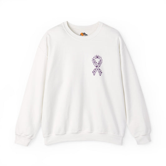 White domestic violence awareness crewneck sweatshirt with purple heart ribbon design, Makin’ It by Lady Ev.