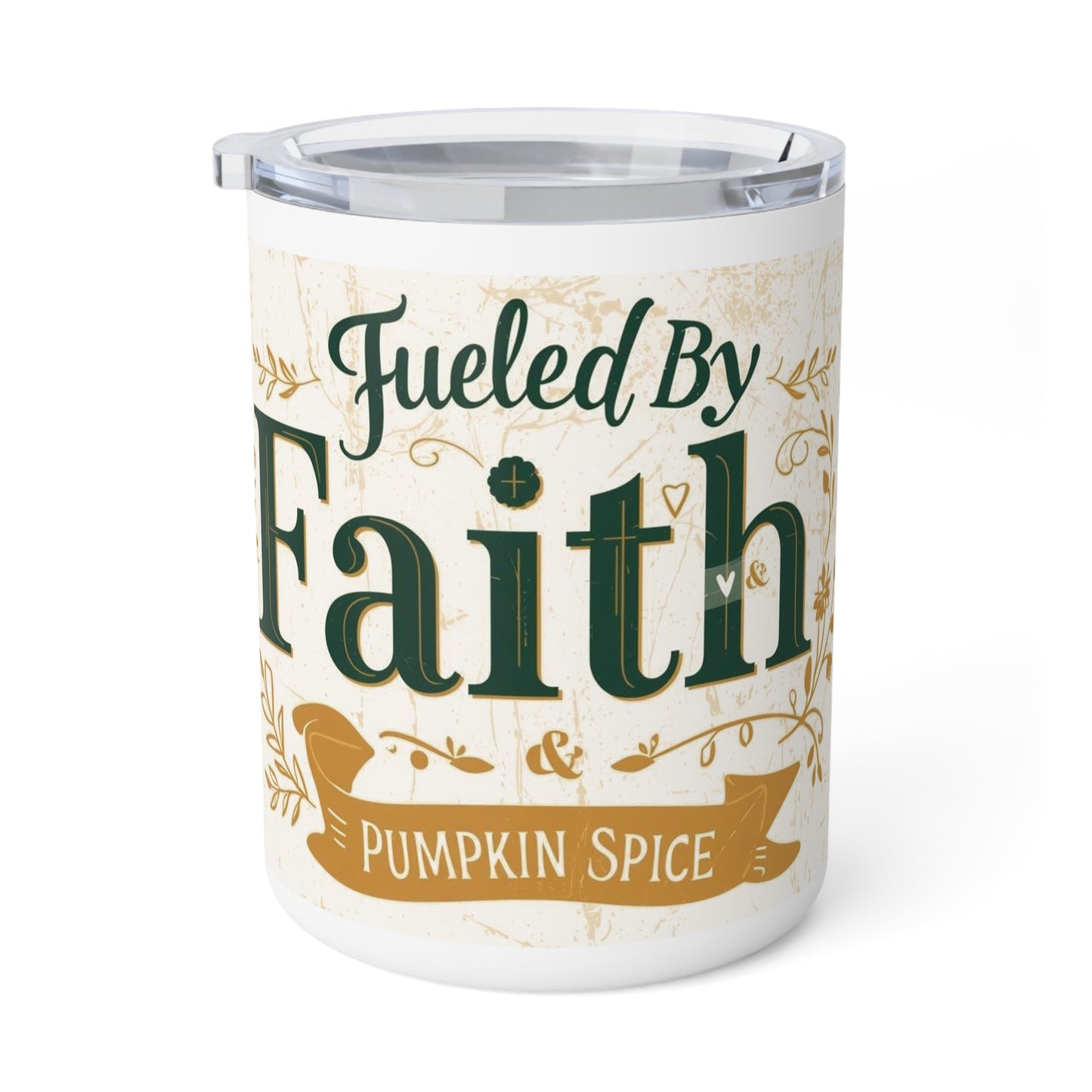 Fueled by Faith and Pumpkin Spice 15oz insulated coffee mug — Christian fall drinkware with vintage cream design and green faith lettering.