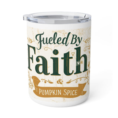 Fueled by Faith and Pumpkin Spice 15oz insulated coffee mug — Christian fall drinkware with vintage cream design and green faith lettering.