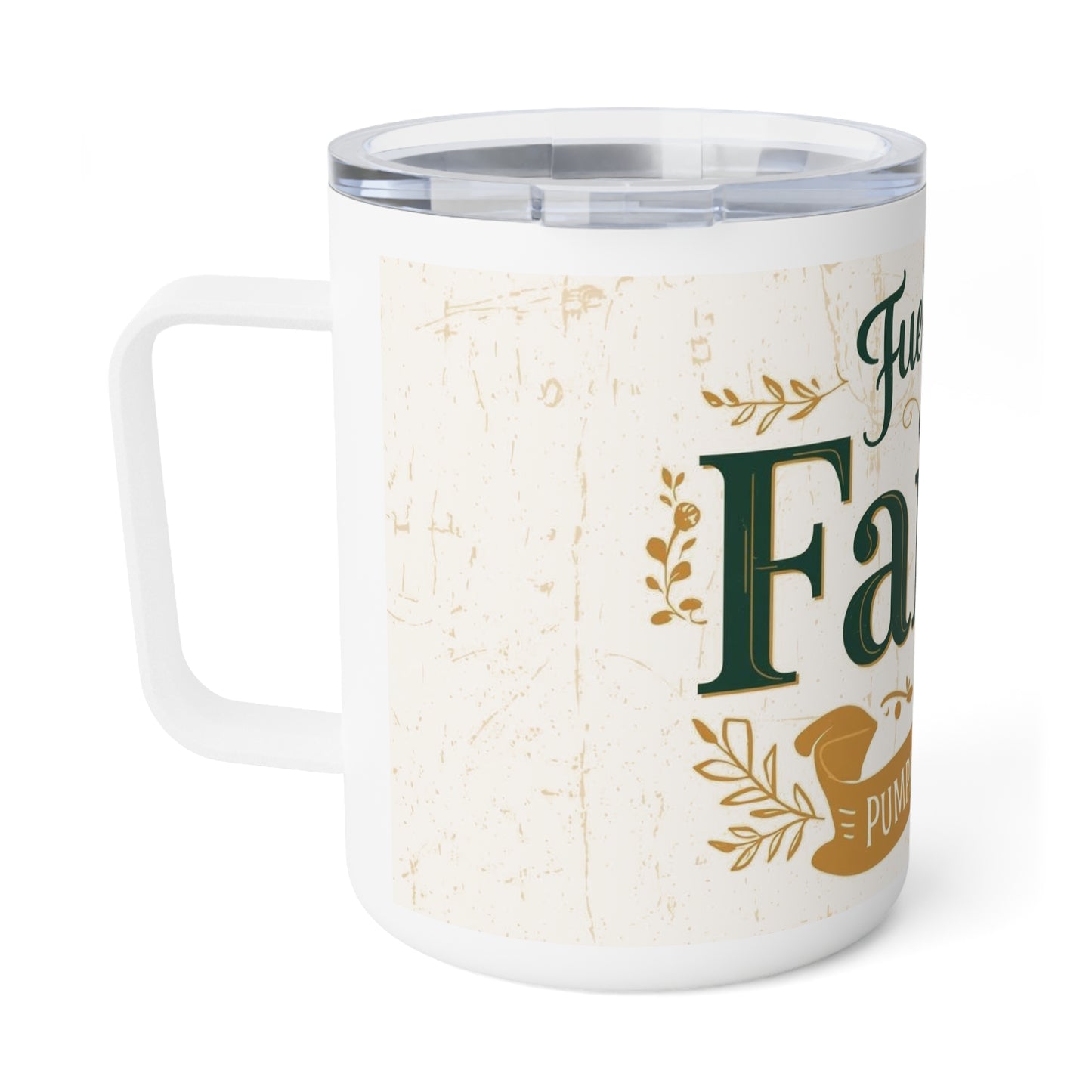 Angled left view of Fueled by Faith and Pumpkin Spice mug — cozy fall design with leaf accents and scripture-inspired charm.
