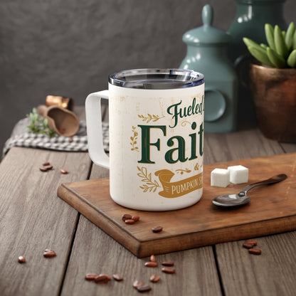 Fueled by Faith and Pumpkin Spice insulated mug on countertop — faith-based fall coffee mug styled with sugar cubes and beans for cozy autumn decor.