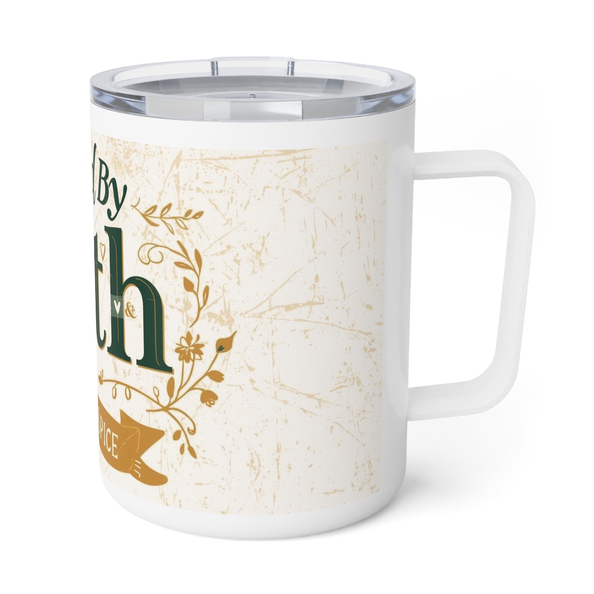 Angled right view of Fueled by Faith and Pumpkin Spice insulated mug — Christian coffee cup with floral design and rustic autumn aesthetic.