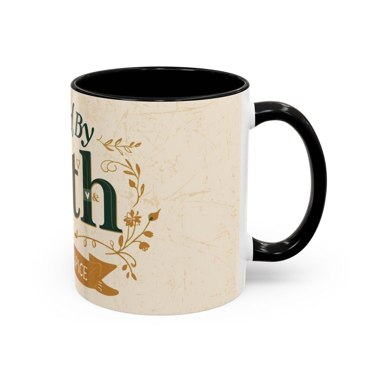 Black “Fueled by Faith & Pumpkin Spice” 11oz accent mug — inspirational Christian coffee mug with deep blue handle and elegant fall floral design.
