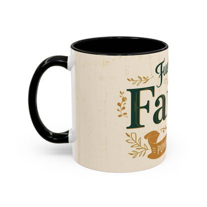 11oz black “Fueled by Faith & Pumpkin Spice” ceramic mug — faith-based Christian drinkware perfect for cozy fall mornings.