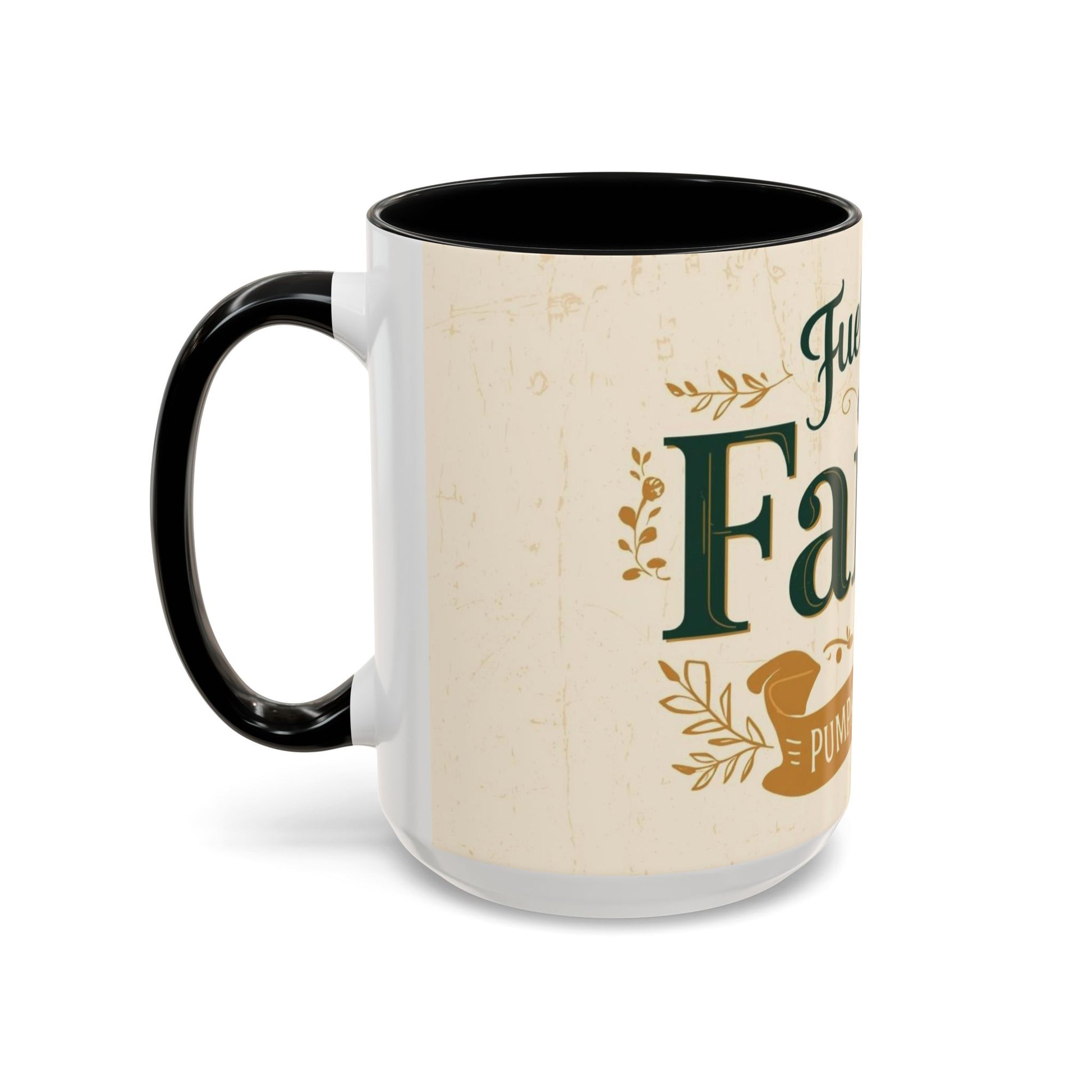 15oz black “Fueled by Faith & Pumpkin Spice” mug — oversized Christian mug for pumpkin spice lovers and fall mornings of reflection.