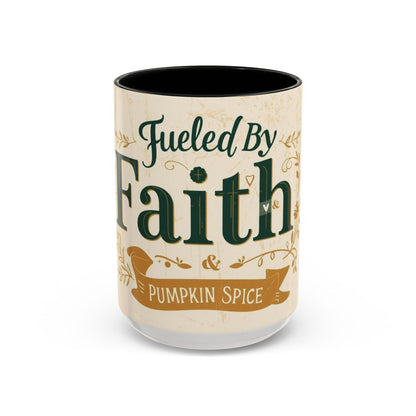 Black “Fueled by Faith & Pumpkin Spice” 15oz accent mug — Christian fall coffee cup with glossy black interior and faith-inspired typography.