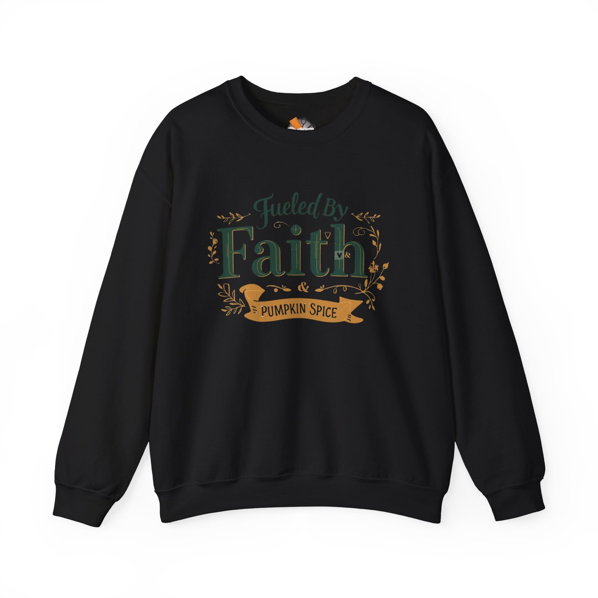 Black “Fueled by Faith & Pumpkin Spice” crewneck sweatshirt — cozy unisex Christian fall sweater with green and gold design.