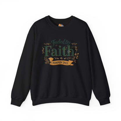 Black “Fueled by Faith & Pumpkin Spice” crewneck sweatshirt — cozy unisex Christian fall sweater with green and gold design.
