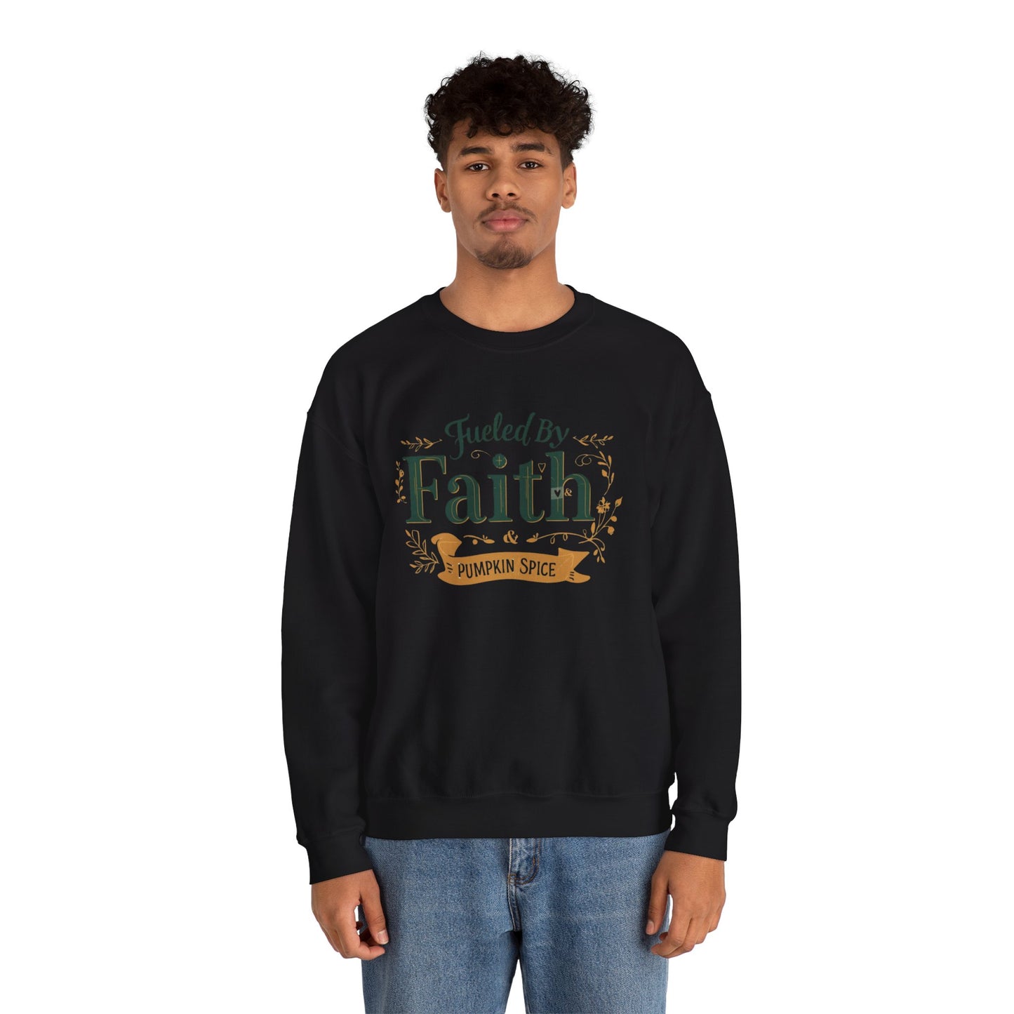 Man wearing black “Fueled by Faith & Pumpkin Spice” crewneck sweatshirt — unisex faith-inspired fall fashion for Christians.