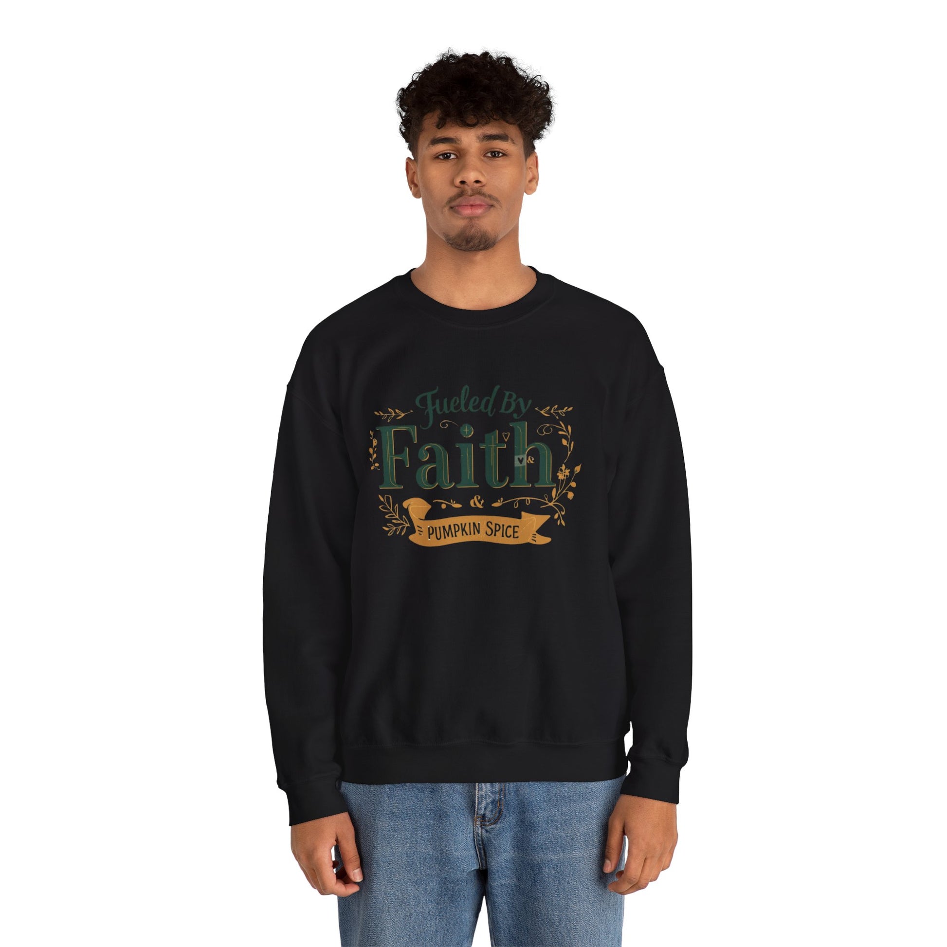 Man wearing black “Fueled by Faith & Pumpkin Spice” crewneck sweatshirt — unisex faith-inspired fall fashion for Christians.