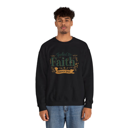 Man wearing black “Fueled by Faith & Pumpkin Spice” crewneck sweatshirt — unisex faith-inspired fall fashion for Christians.