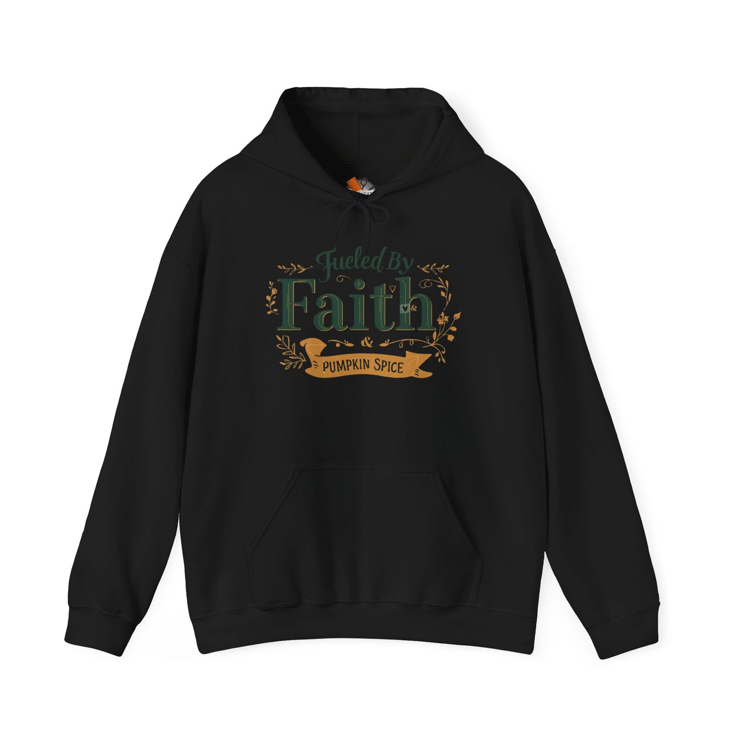Black “Fueled by Faith & Pumpkin Spice” hoodie — cozy unisex Christian fall sweatshirt with green and gold faith design by Makin’ It By Lady Ev.