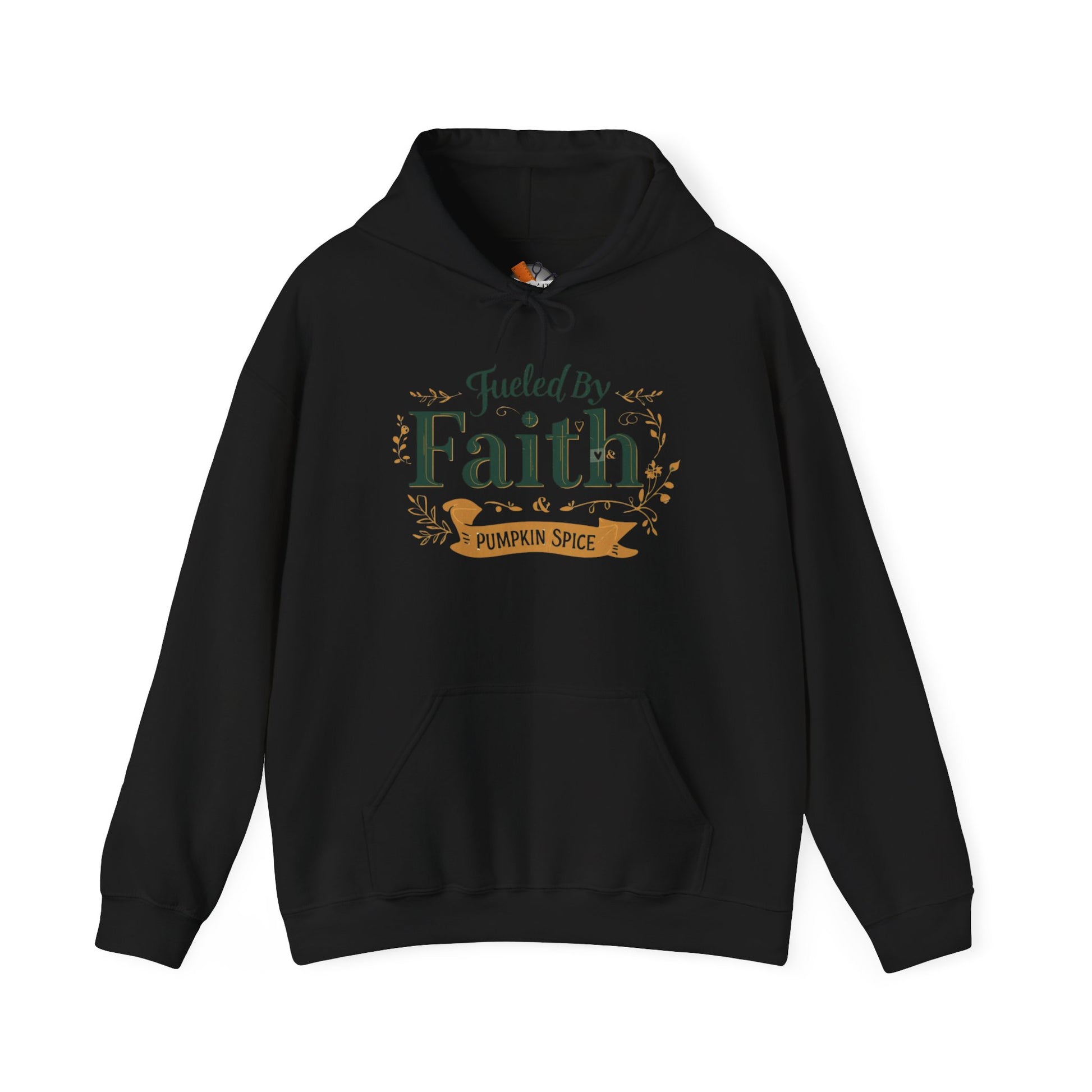 Black “Fueled by Faith & Pumpkin Spice” hoodie — cozy unisex Christian fall sweatshirt with green and gold faith design by Makin’ It By Lady Ev.