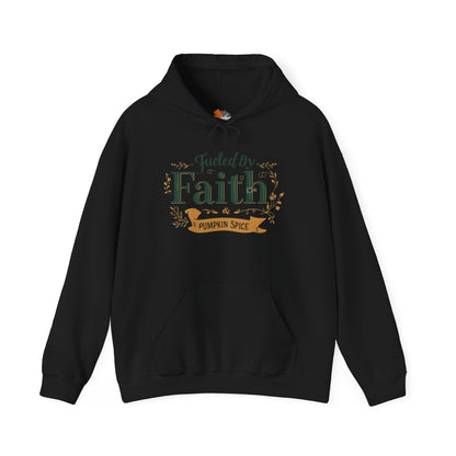 Black “Fueled by Faith & Pumpkin Spice” hoodie — cozy unisex Christian fall sweatshirt with green and gold faith design by Makin’ It By Lady Ev.