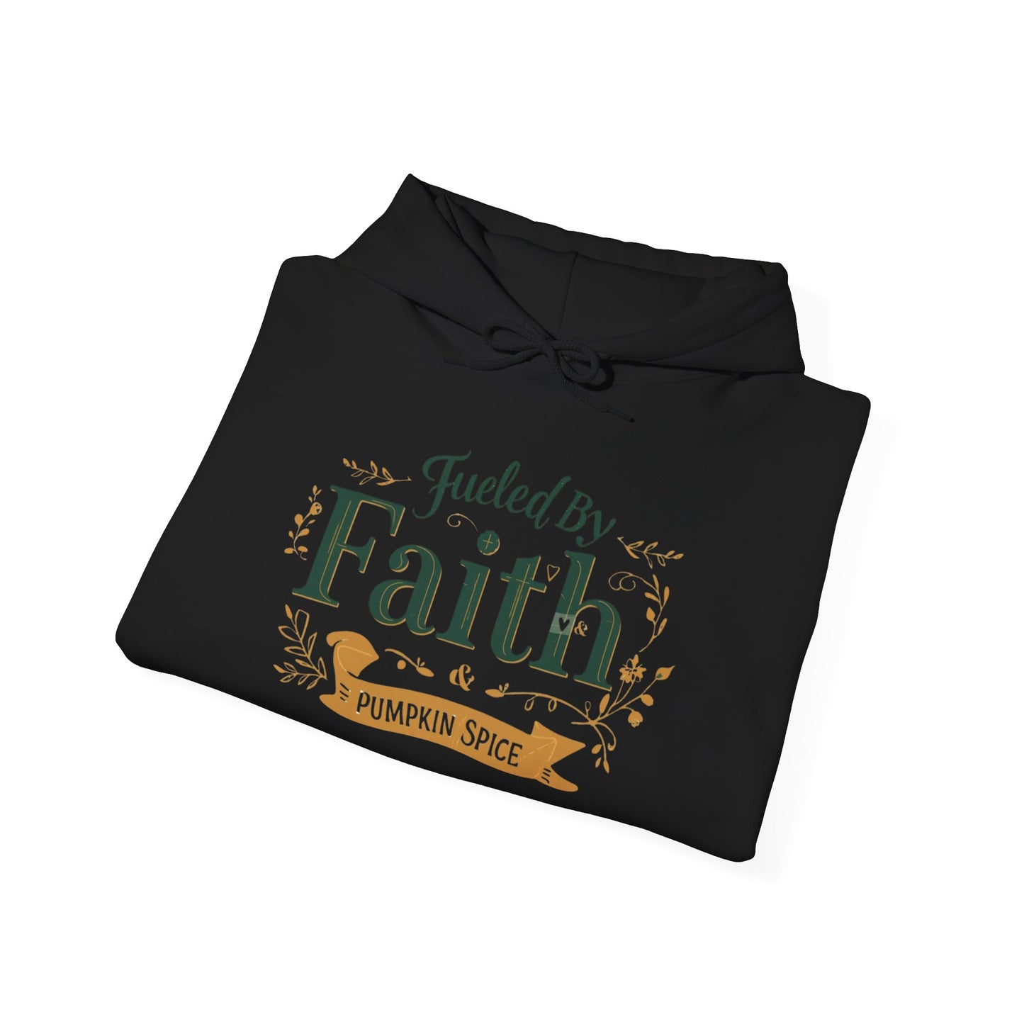 Folded black “Fueled by Faith & Pumpkin Spice” hoodie — cozy Christian fall sweatshirt with green and gold design.