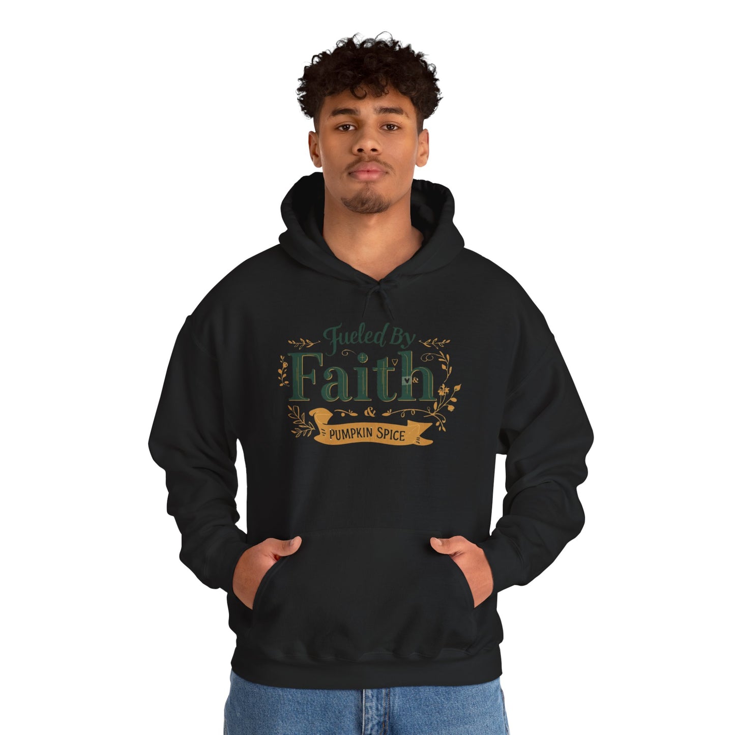 Man wearing black “Fueled by Faith & Pumpkin Spice” hoodie — cozy faith-based fall apparel for believers.