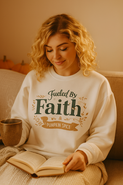 Woman wearing white “Fueled by Faith & Pumpkin Spice” crewneck sweater while reading and sipping coffee in cozy fall setting – Makin’ It By Lady Ev autumn apparel mockup.