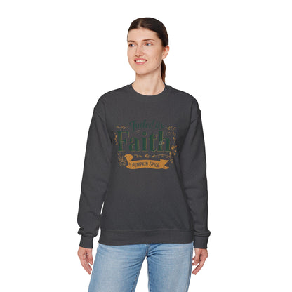 Woman modeling dark heather “Fueled by Faith & Pumpkin Spice” crewneck sweatshirt — soft, comfortable fall faith apparel.
