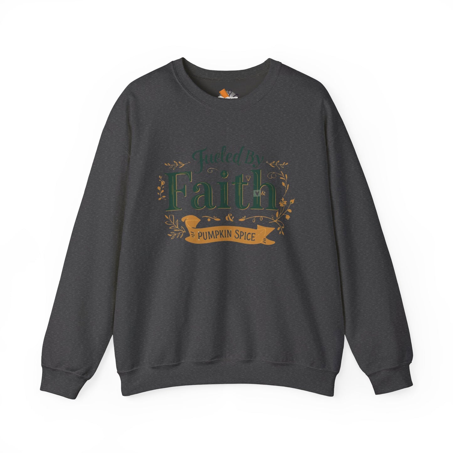 Dark heather gray “Fueled by Faith & Pumpkin Spice” sweatshirt — soft unisex Christian fall crewneck with green and gold lettering.