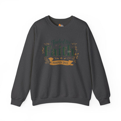 Dark heather gray “Fueled by Faith & Pumpkin Spice” sweatshirt — soft unisex Christian fall crewneck with green and gold lettering.