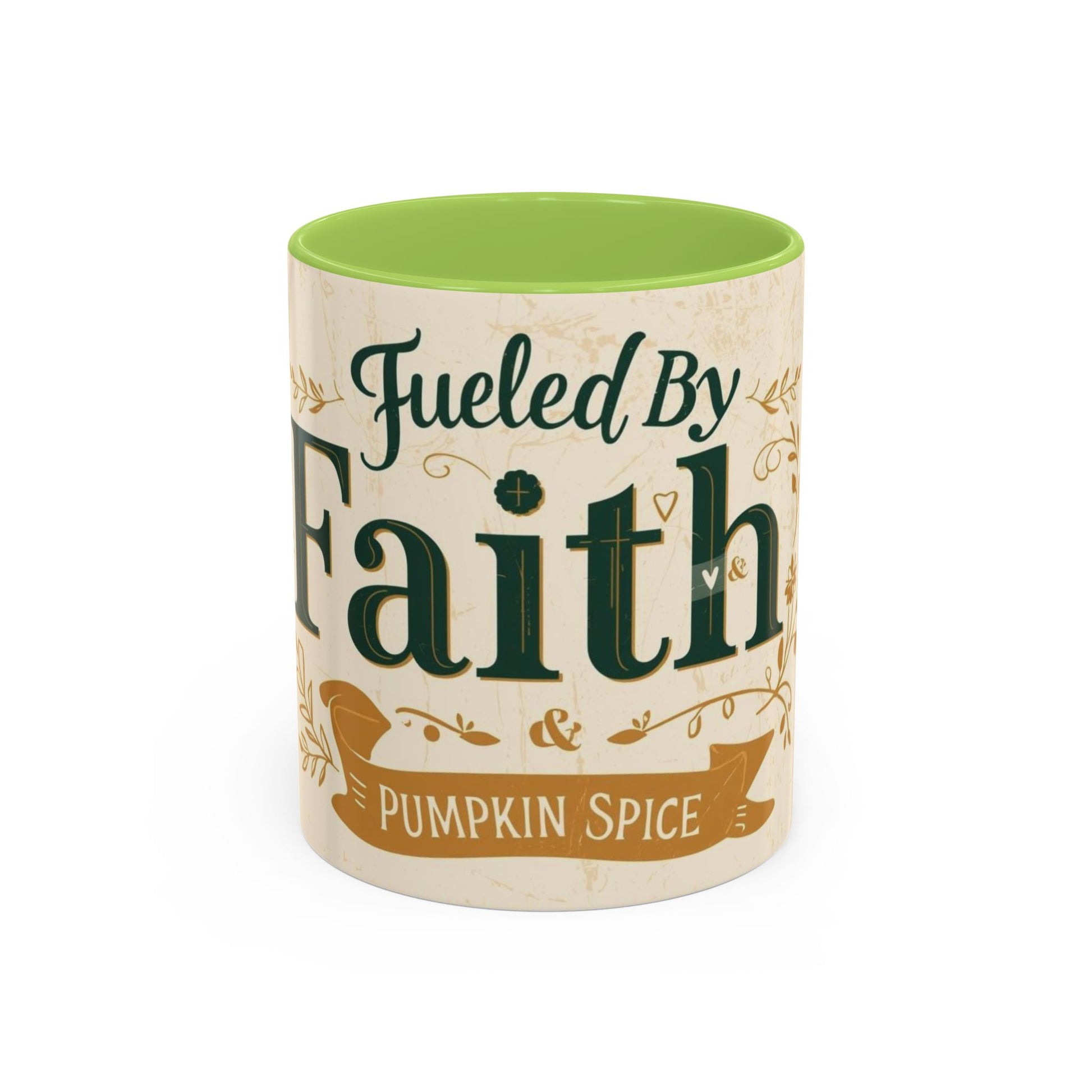 Green “Fueled by Faith & Pumpkin Spice” 11oz accent mug — earthy Christian fall coffee cup representing faith, growth, and gratitude.