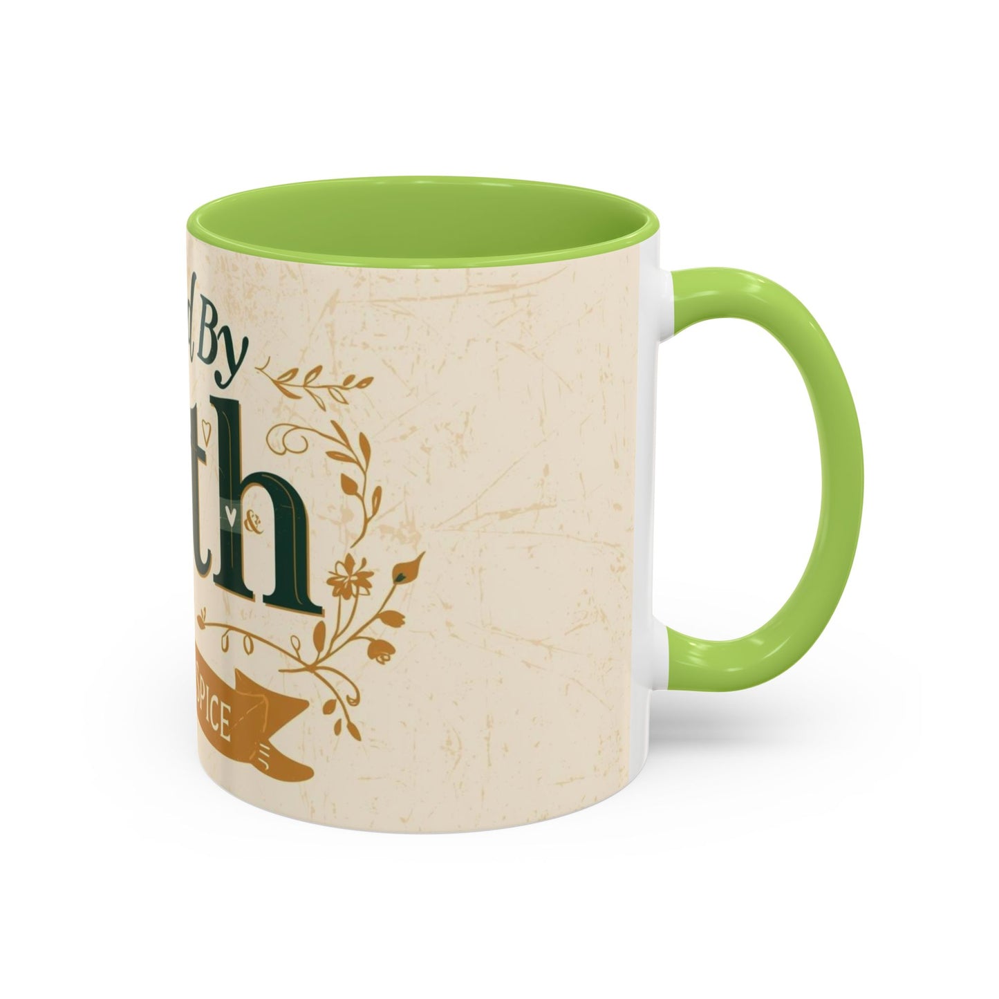 Green “Fueled by Faith & Pumpkin Spice” 11oz accent mug — inspirational Christian fall coffee cup with leafy green handle and interior.
