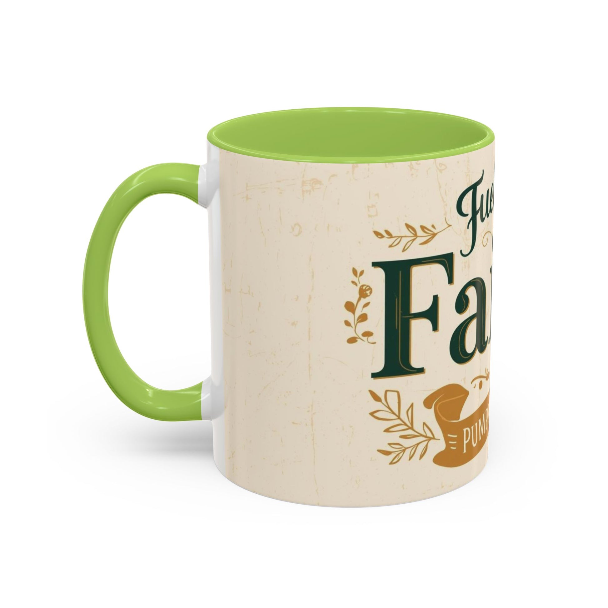 Green “Fueled by Faith & Pumpkin Spice” ceramic mug — faith-based drinkware perfect for cozy fall mornings and pumpkin spice lovers.