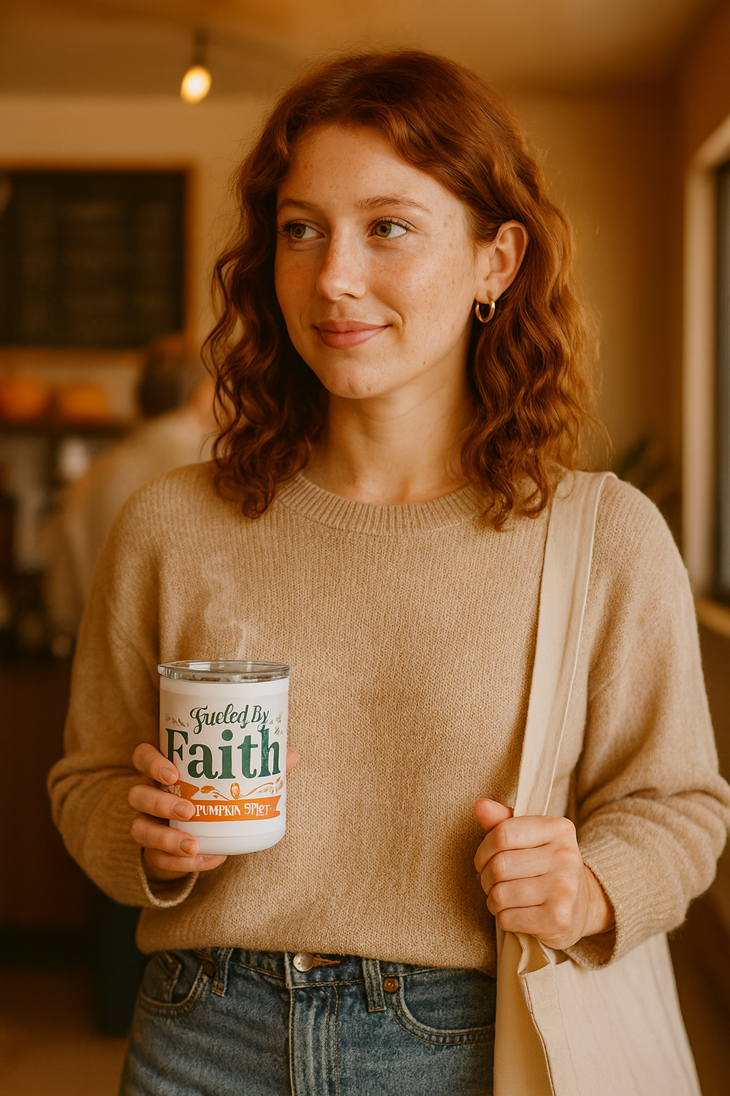 Woman holding white “Fueled by Faith & Pumpkin Spice” insulated coffee mug in cozy fall café setting – Makin’ It By Lady Ev autumn drinkware mockup.