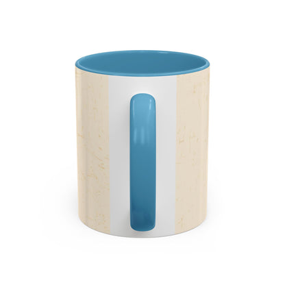 Back handle view of light blue “Fueled by Faith & Pumpkin Spice” accent mug — glossy Christian coffee mug with teal blue interior.