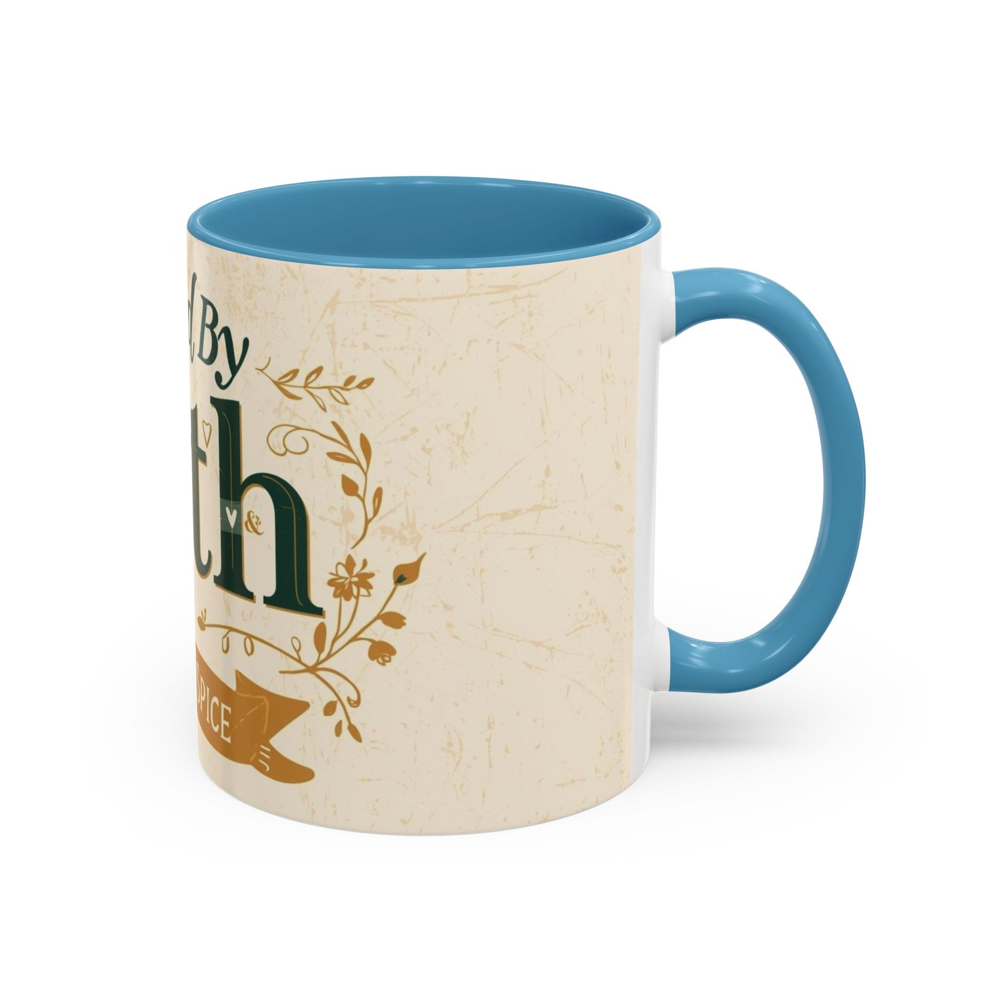 Light blue “Fueled by Faith & Pumpkin Spice” 11oz accent mug — Christian coffee mug with teal handle and inspirational fall design.