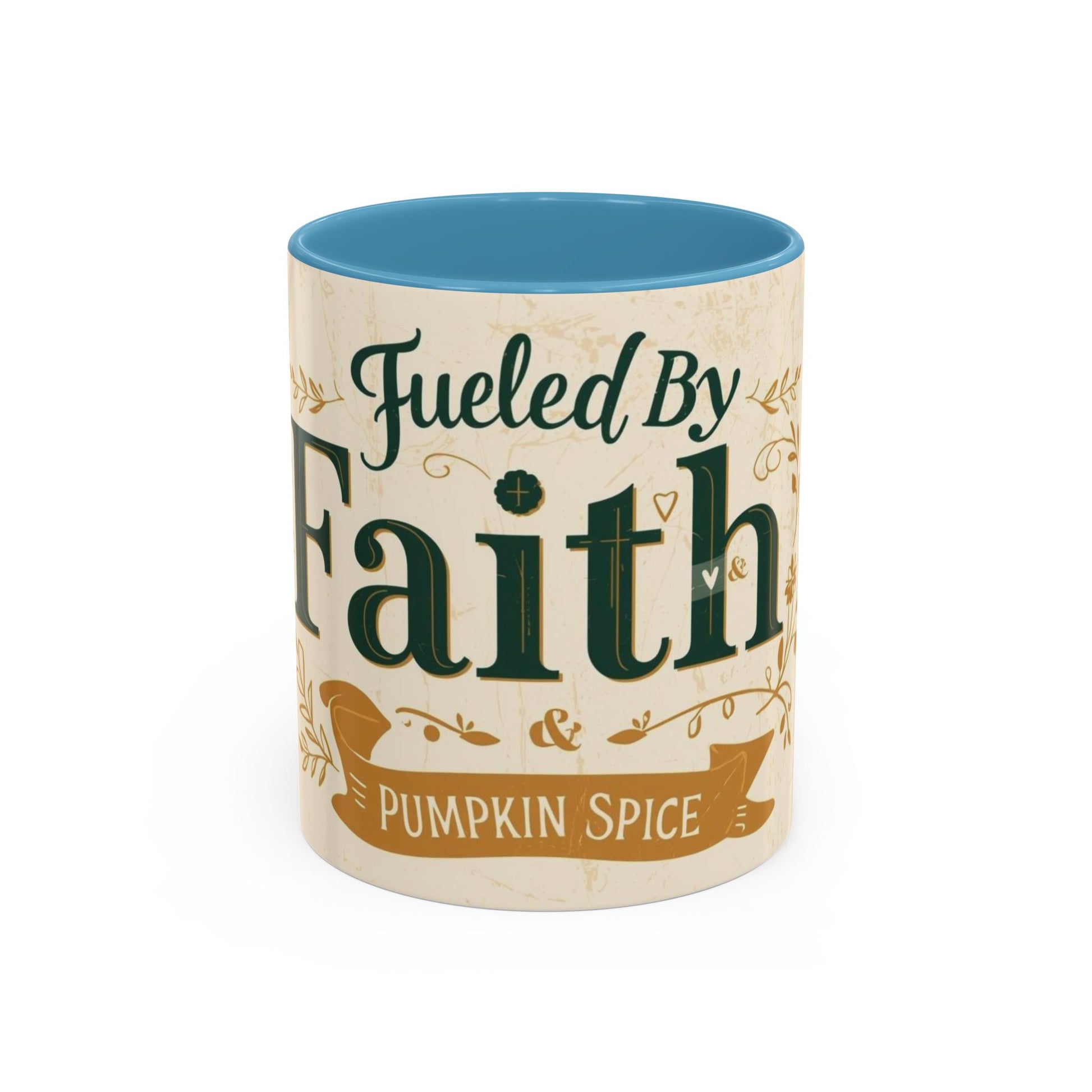 Light blue “Fueled by Faith & Pumpkin Spice” 11oz accent mug — refreshing pastel Christian mug for faithful coffee lovers and cozy mornings.