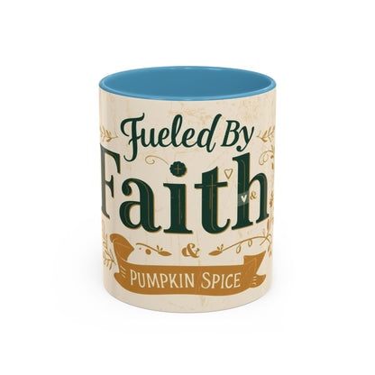 Light blue “Fueled by Faith & Pumpkin Spice” 11oz accent mug — refreshing pastel Christian mug for faithful coffee lovers and cozy mornings.