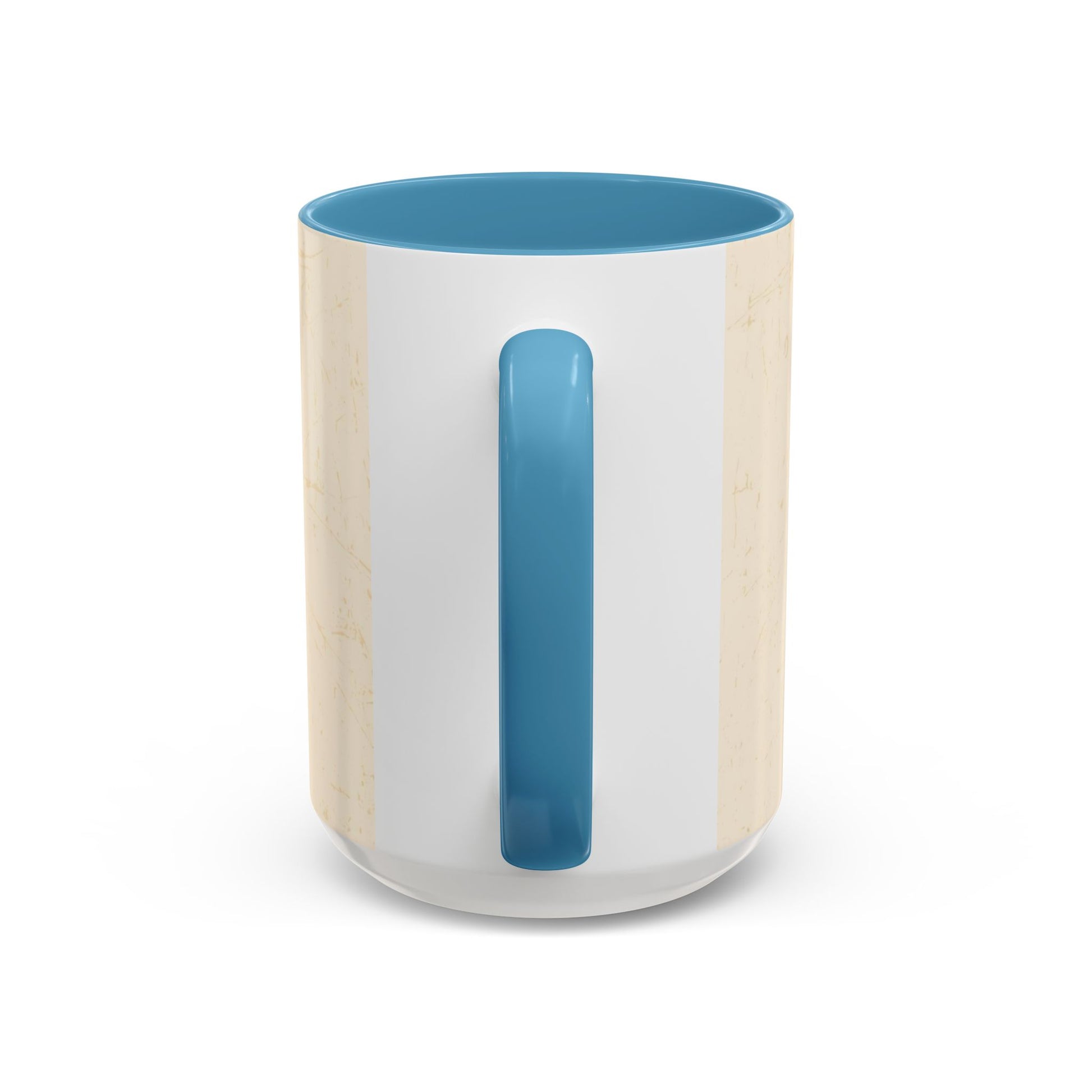 Handle view of 15oz light blue “Fueled by Faith & Pumpkin Spice” mug — glossy Christian coffee mug with teal blue interior.
