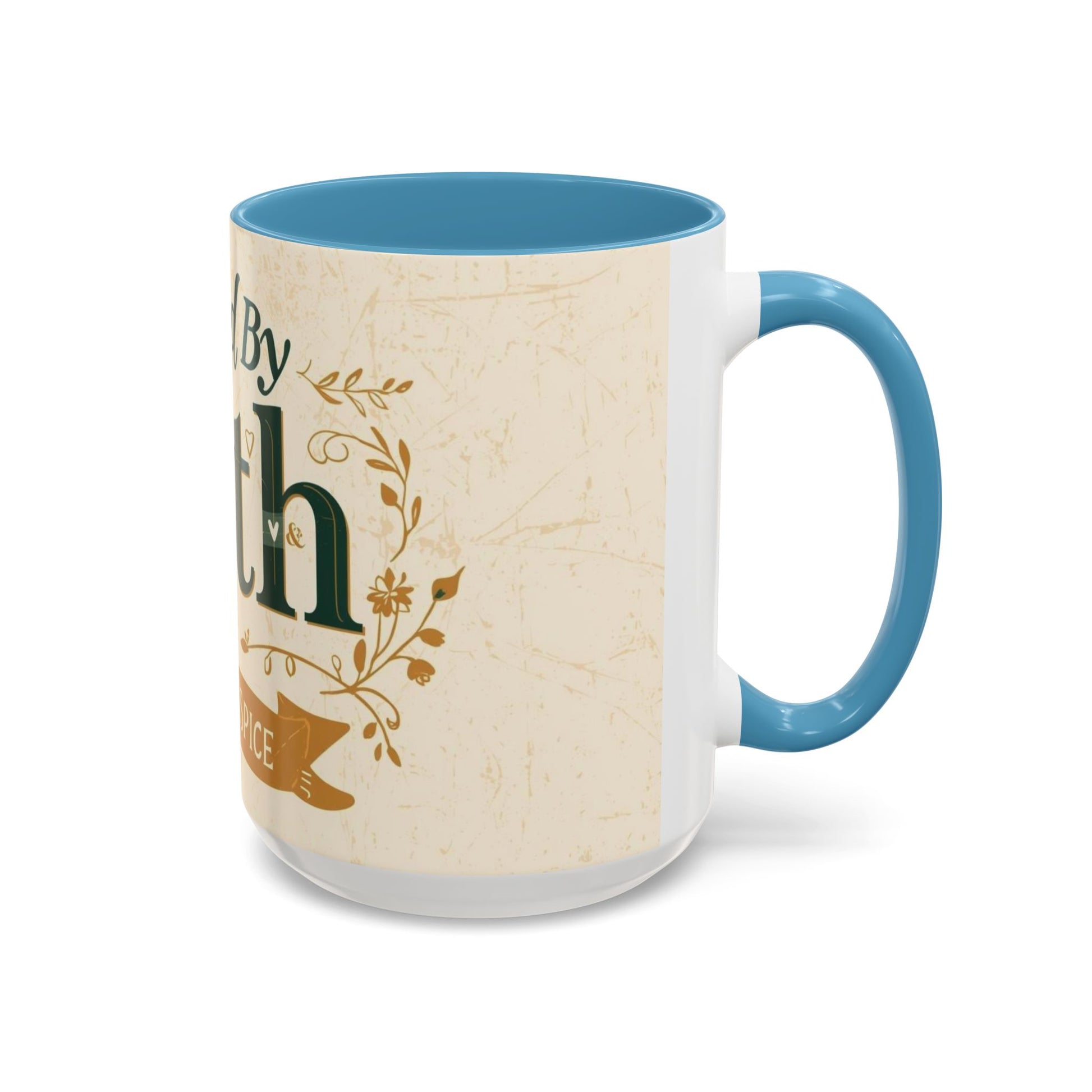 Light blue “Fueled by Faith & Pumpkin Spice” 15oz accent mug — oversized Christian fall coffee mug with teal handle and faith-inspired quote.