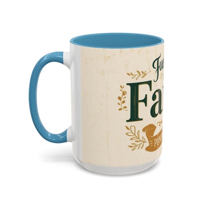 15oz light blue “Fueled by Faith & Pumpkin Spice” mug — inspirational Christian mug for cozy mornings and pumpkin spice lovers.