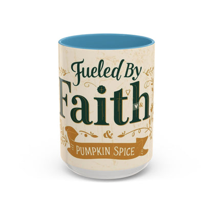 Light blue “Fueled by Faith & Pumpkin Spice” 15oz accent mug — refreshing pastel Christian drinkware perfect for cozy mornings and fall devotion time.