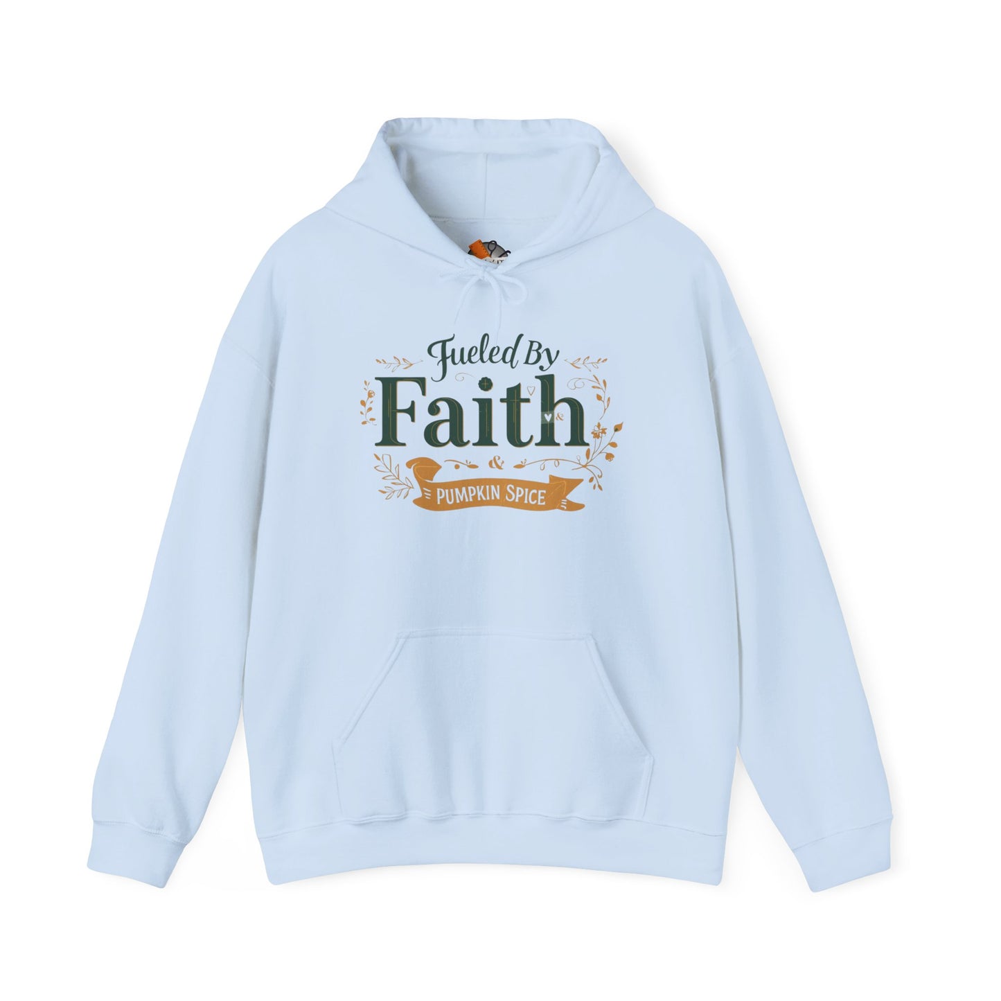 Light blue “Fueled by Faith & Pumpkin Spice” hoodie — soft pastel Christian hoodie with inspirational faith design and autumn colors.