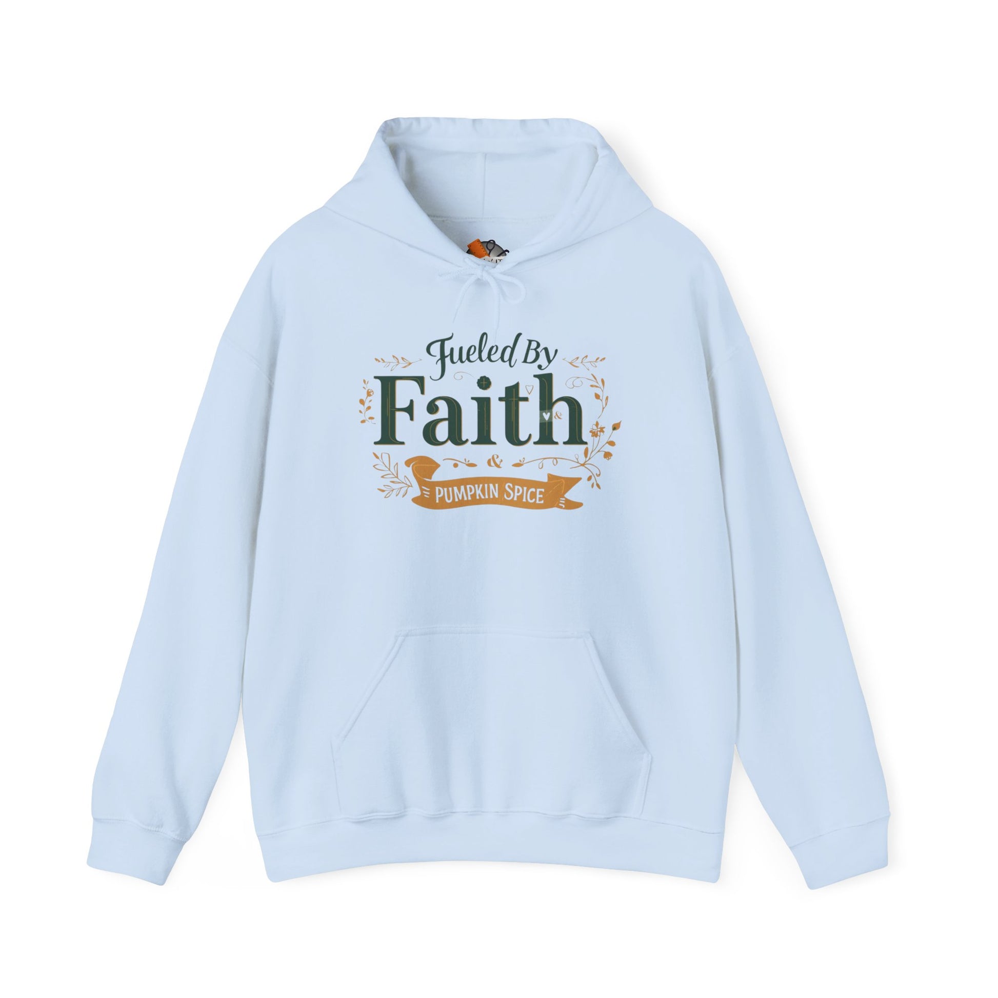 Light blue “Fueled by Faith & Pumpkin Spice” hoodie — soft pastel Christian hoodie with inspirational faith design and autumn colors.