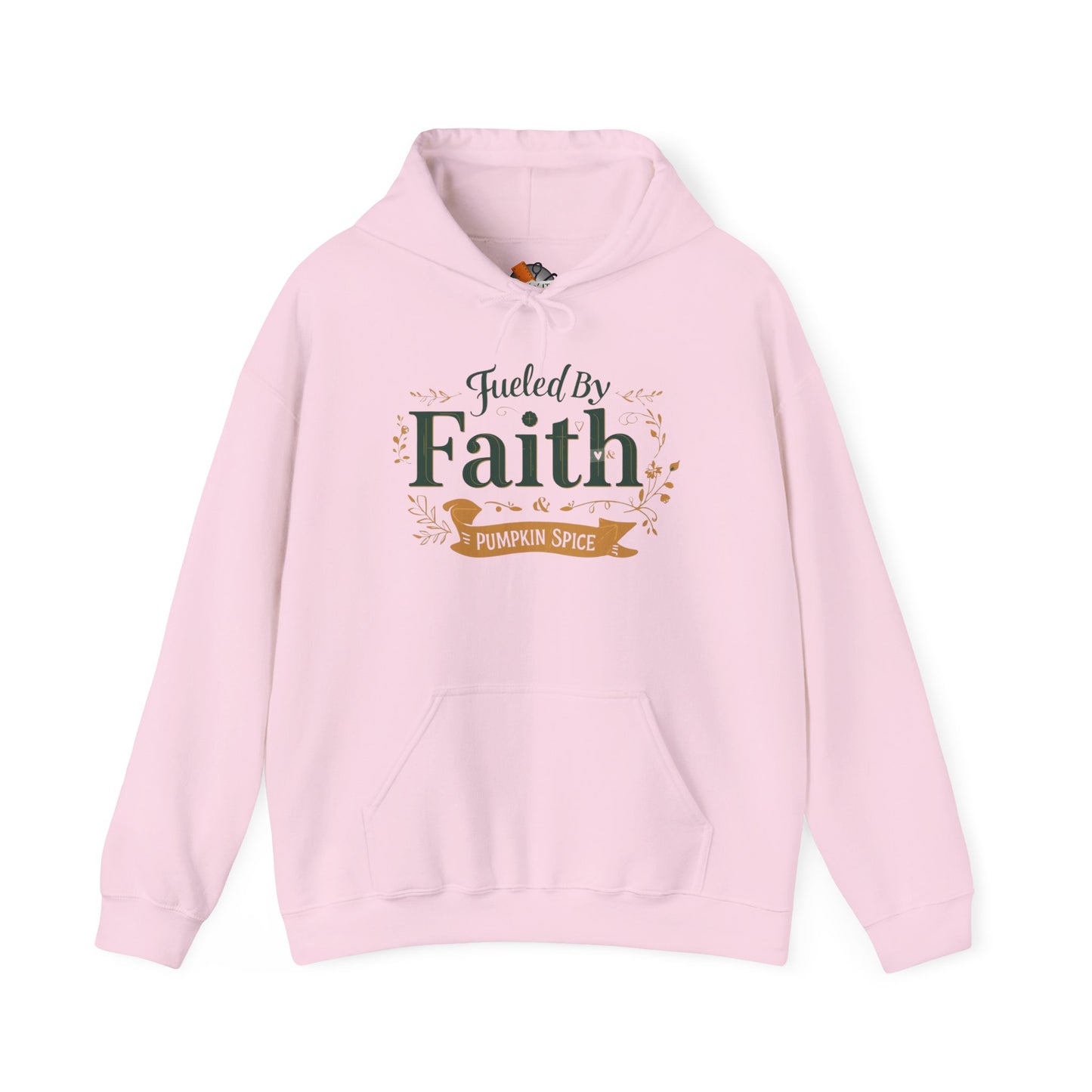 Light pink “Fueled by Faith & Pumpkin Spice” hoodie — feminine faith-based fall hoodie with green and gold text for cozy everyday wear.