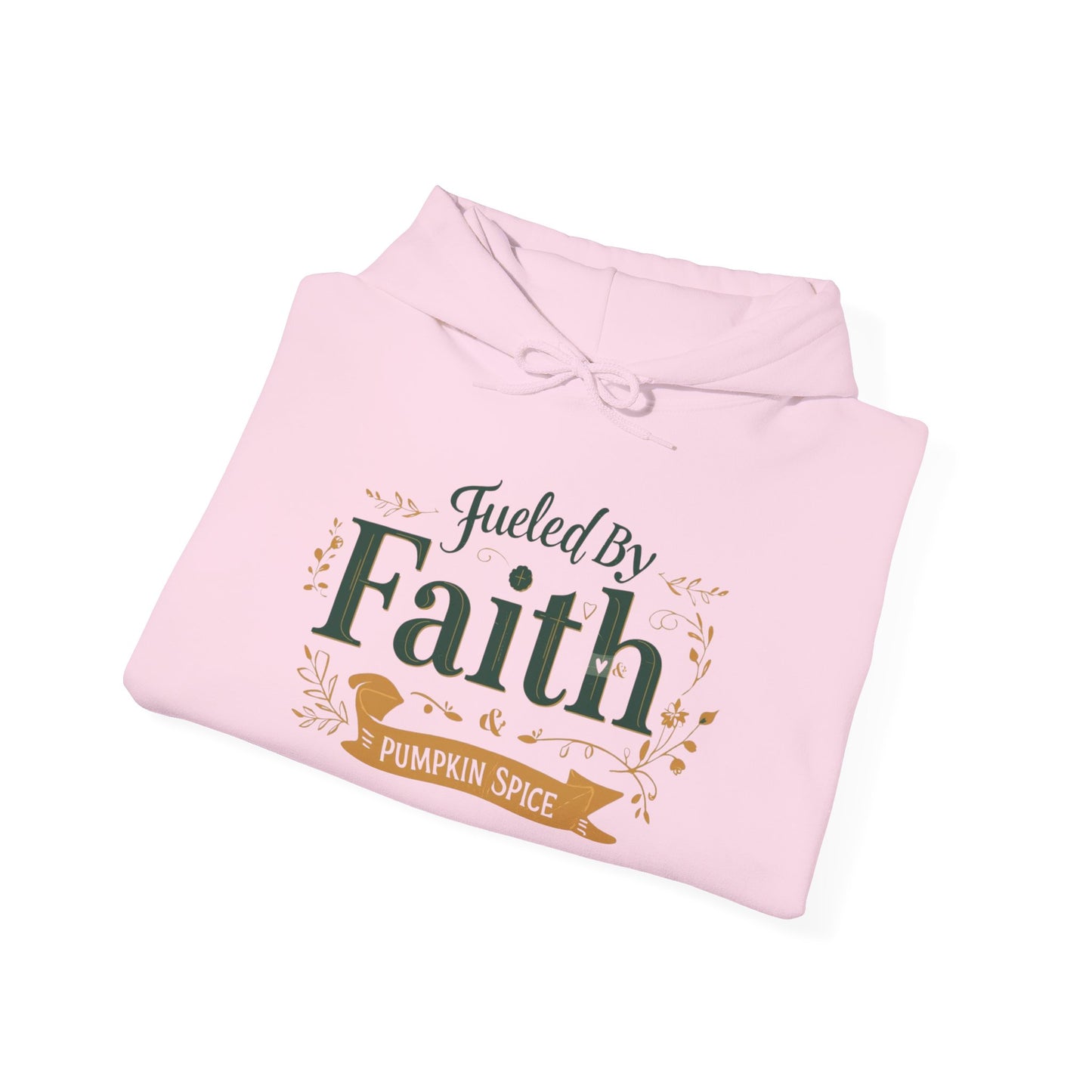 Folded pink “Fueled by Faith & Pumpkin Spice” hoodie — cozy Christian fall apparel for women of faith.