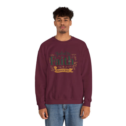 Man wearing maroon “Fueled by Faith & Pumpkin Spice” crewneck sweatshirt — unisex Christian faith-based fall fashion.