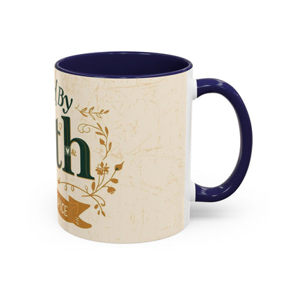 Navy “Fueled by Faith & Pumpkin Spice” 11oz accent mug — inspirational Christian coffee mug with deep blue handle and elegant fall floral design.